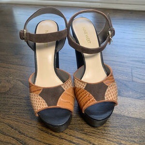 Nine West Calliah Platform Sandals Faux Suede Leather Croc Chunky Block Heel 7